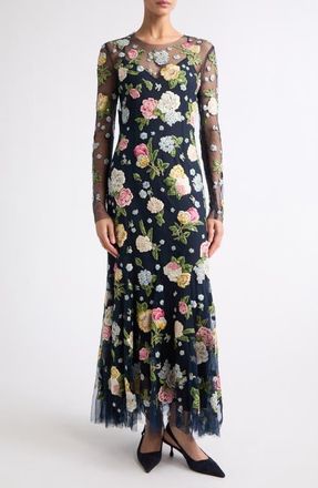Carolina Herrera Floral Embroidered Sheer Long Sleeve Midi Dress in Midnight at Nordstrom, Size 10