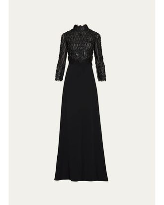 Costarellos Brona Hand-Beaded Lace Crepe A-Line Gown