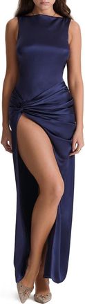 House of CB Roxanne Slit Satin Maxi Dress in Navy at Nordstrom, Size X-Small