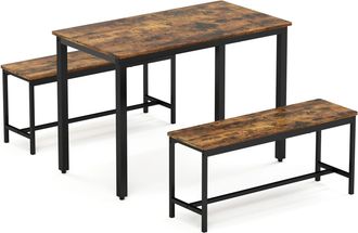 STILVORA Conjunto De Mesa Y Sillas Con 1 Mesa Y 2 Bancos, Para 4 Personas, Tablero De Part&iacute;culas Y Acero, Marr&oacute;n R&uacute;stico Y Negro