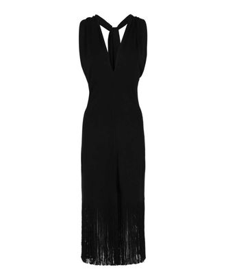 Ferragamo Womens Plunging Sleeveless Fringe-Hem Midi Dress In Black