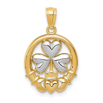 Diamond2Deal 14k Yellow Gold Rhodium-plated Shamrock and Claddagh Pendant