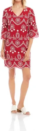 Karen Kane Flare Sleeve Embroidered Dress In Red With Off White