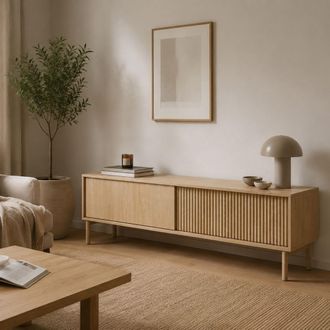 Dmora Mueble Para Tv Kami, 2 Estantes, 2 Puertas, Puertas Efecto Rayado, 154x40x52h Cm, Color Roble Marr&oacute;n