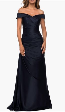 La Femme Off The Shoulder Satin Evening Dress In Navy