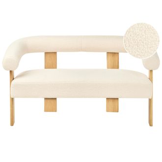 Beliani Beliani - Sof&aacute; 2 Plazas Retro Sal&oacute;n Tapizado De Boucl&eacute; Patas De Madera Blanco Crema Y Marr&oacute;n Claro Ilbro