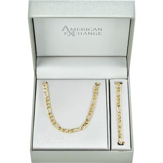 American Exchange Mens 18K Gold Plated Figaro Chain Necklace & Bracelet Set at Nordstrom Rack