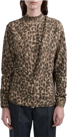 Barbara Bui Gebreid vest met luipaardprint - Dames - Vesten - Bruin - S - Wol - Truien & Vesten