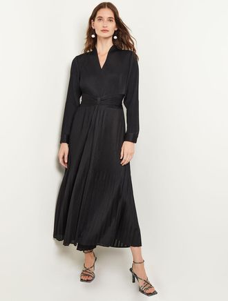 Misook Fit-and-Flare Pleated Woven Maxi Dress