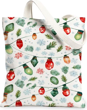 Generic Christmas Lights Canvas Tote Bags, Holiday Pattern Reusable Shopping Bags, Winter Fun Lightweight Washable Shoulder Strap C, White, 13x15 Inch