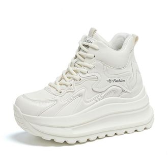 Generic High Heeled Wedge Trainers Leather Ladies Lace Up Hidden Wedge Heel Platform Chunky Walking Trainers 10CM,White,5.5 UK