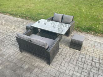 Fimous 5 Pieces Garden Furniture Sets Poly Rattan Outdoor Patio Height Adjustable Rising Lifting Table Sofa Dining Set with 2 Small Footstools