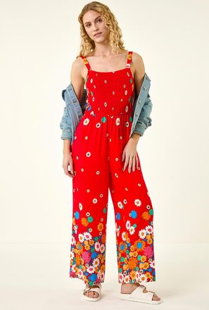 Roman Floral Border Print Shirred Jumpsuit