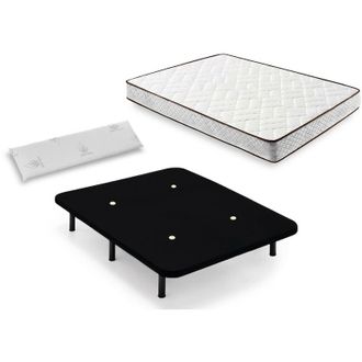 HOGAR 24 Cama Completa - Colch&oacute;n Flexitex Con Tejido 3d Y Aloe Vera, Altura 18 Cm + Base Tapizada Negra Con Patas De 32 Cm + Almohada Viscoel&aacute;stica, 150x190 Cm
