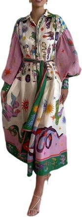 Generic Ladies New Summer Print High Waist Lapel Single Breasted Trendy Swing Long Sleeve Dress - Purple - 3XL