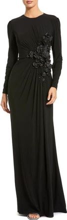 Mac Duggal Long Sleeve High Neck Floral Beaded Jersey Gown in Black at Nordstrom, Size 20