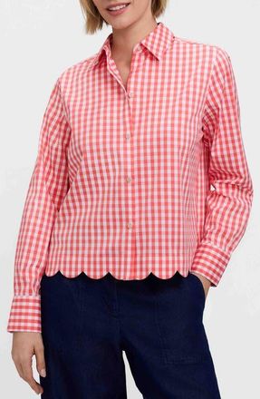 Foxcroft Scarlett Gingham Scallop Hem Button-Up Shirt in Peachy Orange/White at Nordstrom, Size X-Large