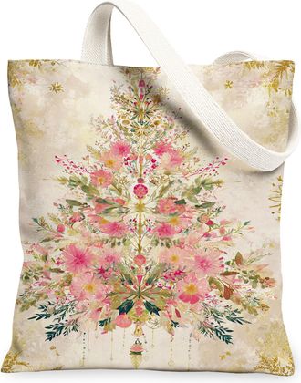 Generic Christmas Floral Canvas Tote Bags, Elegant Flower Design Reusable Grocery Bags, Vintage Lightweight Washable Shoulder Strap, Peach, 13x15 Inch