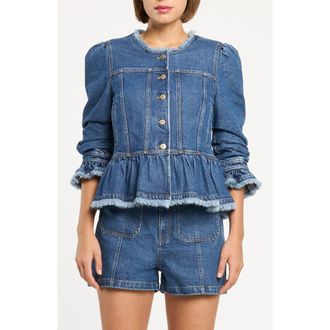 Cinq &agrave; Sept Frieda Peplum Detail Denim Jacket in Tide at Nordstrom, Size X-Small