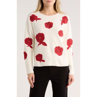 Elie Tahari Embroidered Rose Sweater in Ivory/Red at Nordstrom Rack, Size Large