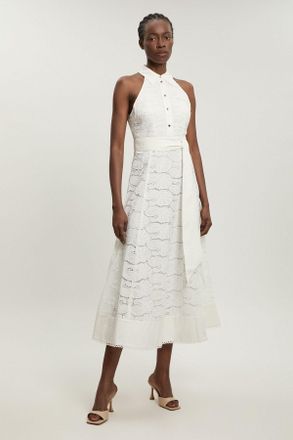 Karen Millen Womens Cutwork Cotton Halterneck Tie Detail Woven Midi Dress - White - Size 14 UK