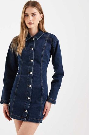 Miss Selfridge Vestito corto a maniche lunghe lavaggio blu con bottoni