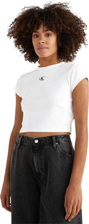 Calvin Klein Gekropt T-shirt met enkelvoudige ribbel voor dames (Wit)