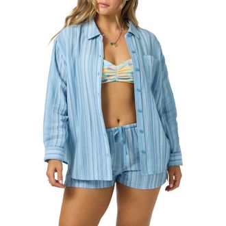 O'Neill Leni Waves Stripe Cotton Gauze Button-Up Shirt in Chambray Blue at Nordstrom, Size Xx-Large