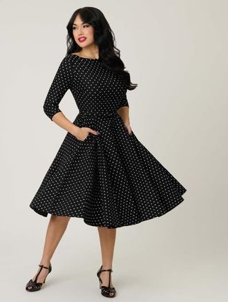 Unique Vintage Three Quarter Sleeve Belted Devon Swing Dress in Black & White Polka Dot at Nordstrom, Size X-Large