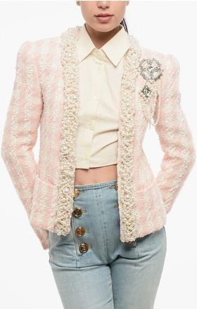 Balmain Open Front Tweed Blazer Embellished with Decorative Beads an size 38