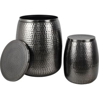 Happimess Merida Modern Rustic 2-Piece Hammered Metal Drum Storage Side Tables with Lids in Antique Nickel at Nordstrom