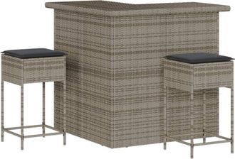 vidaXL Juego De Bar De Jard&iacute;n De 3 Piezas Con Cojines Rat&aacute;n Pe Gris Vidaxl