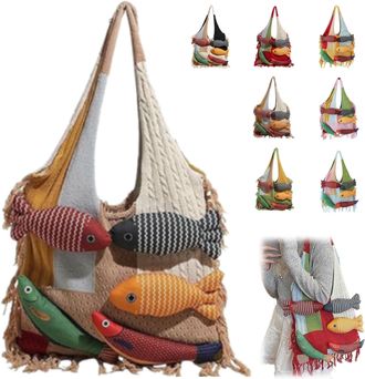Generic 3D Fish Knitted Tote Bag,Bohemian Fringe Yarn Patchwork Shoulder Bag with Fish Decoration,Womens Cute Cartoon Fishes Handbag (Khaki)