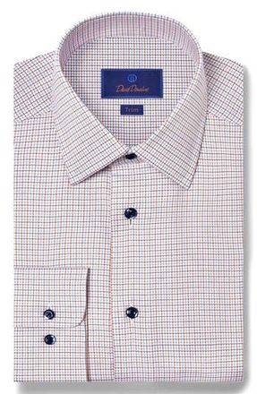David Donahue Trim Fit Micro Dobby Check Dress Shirt in Blue/Orange at Nordstrom Rack, Size 17 - 32/33