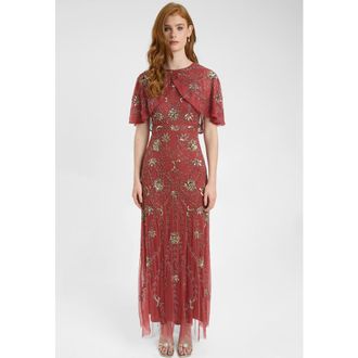 Beauut Embellished Sequin Beaded Maxi Dress With Round Neckline With Cape-Style Short Sleeves in Rust at Nordstrom, Size 2