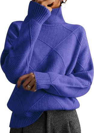 Generic Womens Turtle Polo Neck Sweater Chunky Cable Knit Long Sleeve Pullover Jumper Sweater Tops Blue