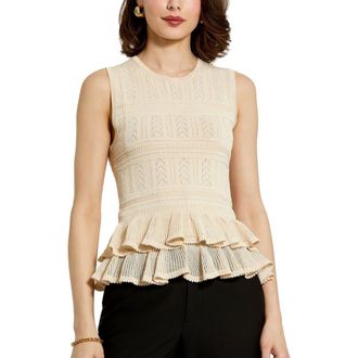 Mac Duggal Sleeveless High Neck Knit Top With Ruffle Hem in Oat at Nordstrom, Size Large