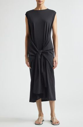 Toteme Tie Waist Organic Cotton Jersey Midi Dress in Black at Nordstrom, Size X-Small