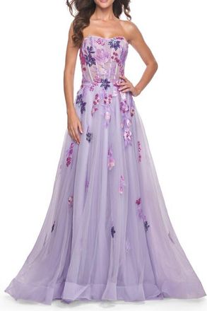 La Femme Strapless A-Line Gown with Multi Color Sequin Lace Detail in Lavender at Nordstrom, Size 16