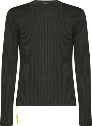 Fendi Trui met geribde breistructuur en schouderpatches - Heren - Ronde hals truien - Groen - L - Wol - Truien & Vesten