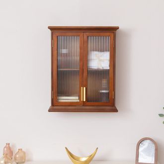 Melody Maison Wooden Reeded Glass Wall Cabinet in Light Brown