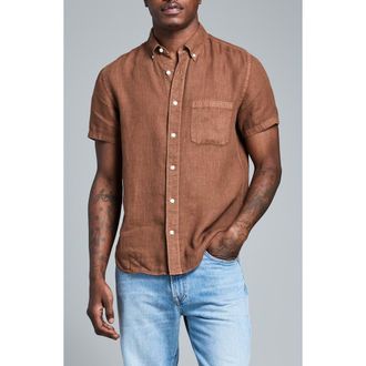 Billy Reid Tuscumbia Short Sleeve Linen Button-Down Shirt in Oak Brown at Nordstrom, Size Xx-Large