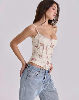 House of CB Cadie - Top a corsetto in cotone avorio con stampa di rose vintage-Bianco
