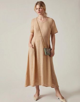 James Lakeland Womens Sand Linen Midi Dress - Brown - Size: 12