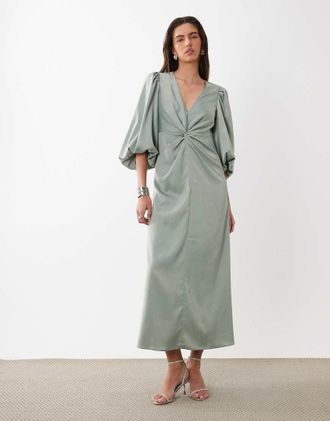 Vero Moda Vestito midi in raso verde con maniche voluminose e nodo sul davanti