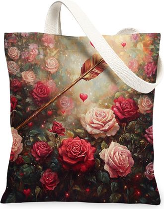 Generic Floral Canvas Tote Bags, Roses Print Reusable Grocery Bags, Spring Vintage Lightweight Washable Shoulder Strap Canvas for Travel Picnic 13x15 Inch
