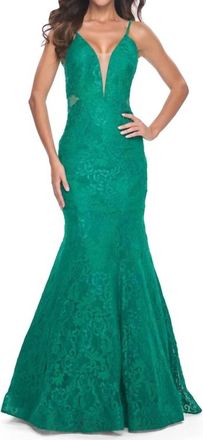 La Femme Lace Mermaid Rhinestone Gown In Jade
