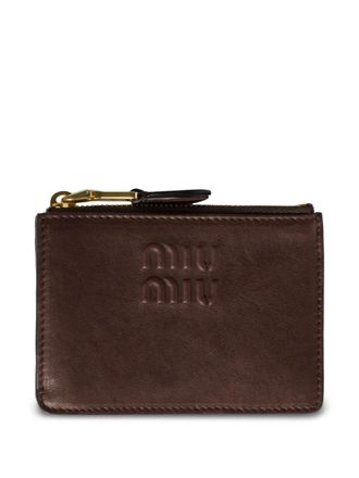 Miu Miu Portacarte in pelle con logo goffrato - Marrone