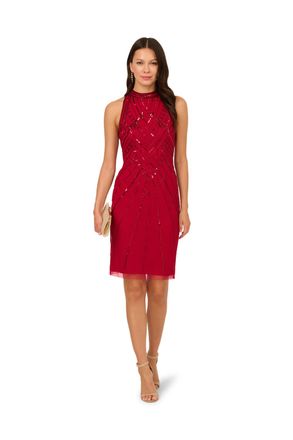 Adrianna Papell Womens Studio Bead Mock Halter Dress - Red - Size 18 UK