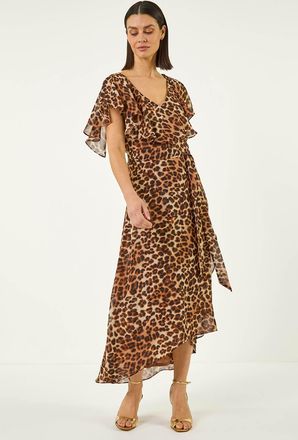 Roman Animal Print Wrap Chiffon Midi Dress